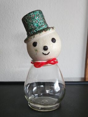 Holiday Snowman Glass Candy Jar with Green Glitter Hat